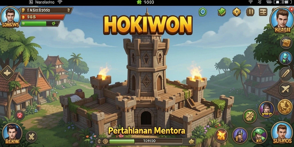 Screenshot dari gameplay HOKIWON menampilkan aksi menara pertahanan melawan musuh.