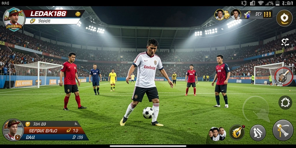 Tampilan gameplay seru dalam LEDAK188 dengan aksi sepak bola.