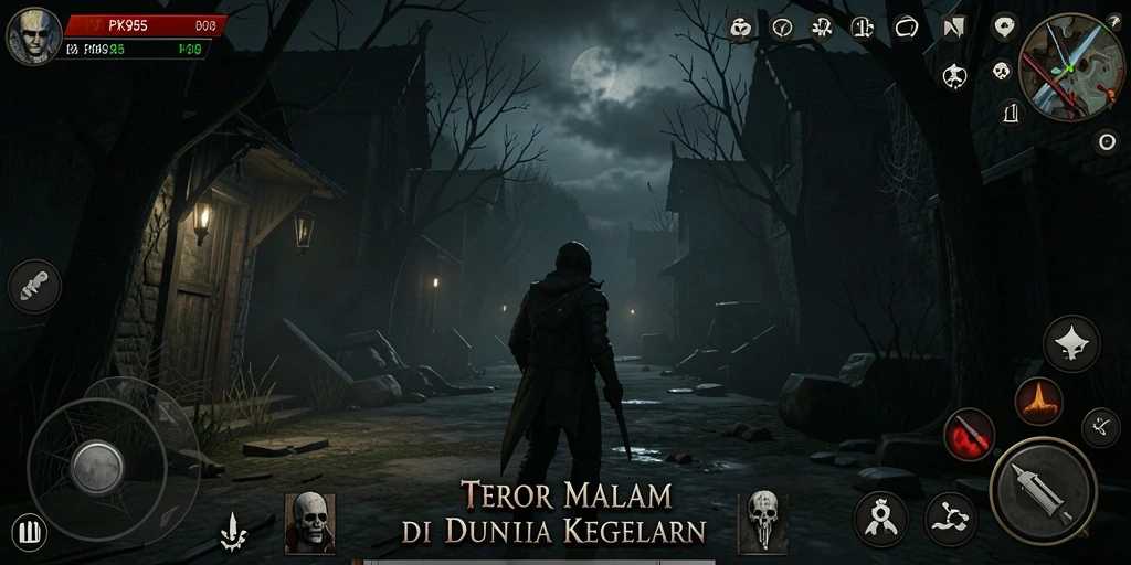Screenshot gameplay PK95 menampilkan suasana horor yang mencekam.